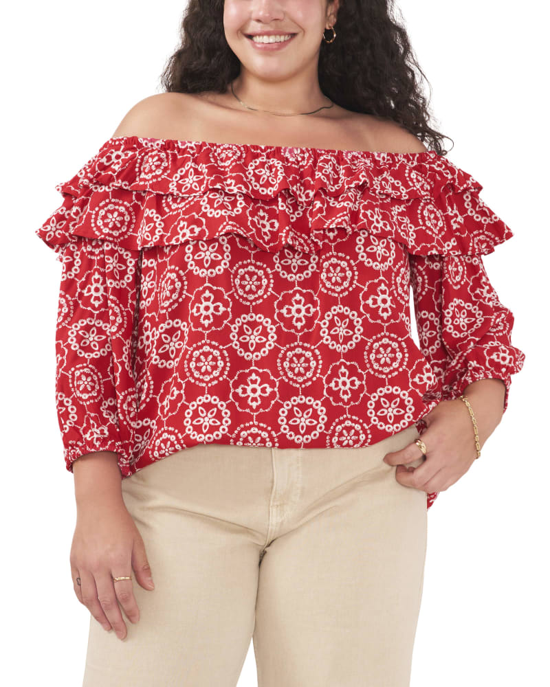 Front of a model wearing a size 1X Piper Off the Shoulder Top in White Berry by Vince Camuto. | dia_product_style_image_id:261218